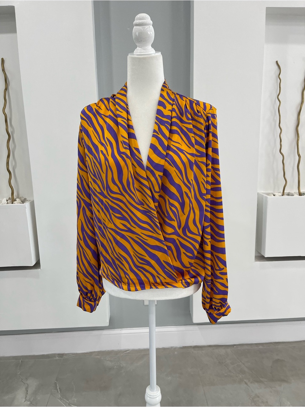 Timing Zebra-Print Wrap Blouse - Purple & Mustard